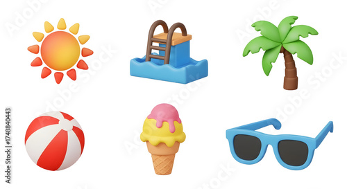 Summer Themed 3D Rendered Objects Sun Palm Tree Swimming Pool Beach Ball Ice Cream Sunglasses Isolated On Black Background