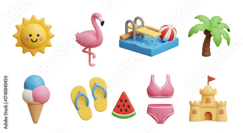 Summer Themed 3D Rendered Illustration on Black Background with Flamingo Sun Palm Tree Pool Ice Cream Flip Flops Watermelon Bikini and Sandcastle