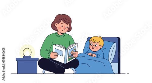 Cozy bedtime illustration of a mother sharing an adventurous tale with her child before sleep offering nurturing care and love