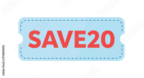 Enticing save20 voucher graphic displayed on light blue coupon with dotted edges, promoting discounts and shopping incentives