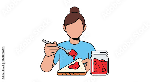 Woman spreading sweet strawberry jam on a toast in a flat illustration drawing style while standing near to the jam jar for sweet breakfast