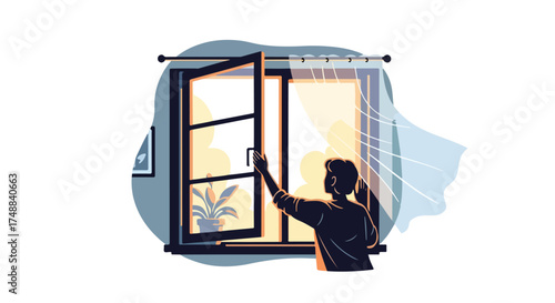 Illustration depicting a person opening a window to let fresh air and sunlight into the room, promoting well-being and connection with nature