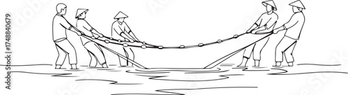 Monochrome Line Art Fishermen Pulling Traditional Net in Water Illustration