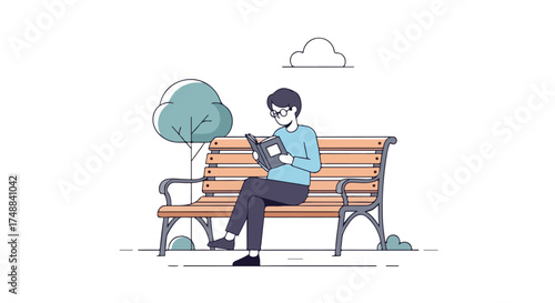 Linear illustration showing a man reading on a park bench enjoying a peaceful moment surrounded by nature and clouds in a minimalist style