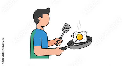 Faceless cartoon chef preparing fried eggs in a pan with a spatula for breakfast creation illustration cooking process and frying skill in kitchen