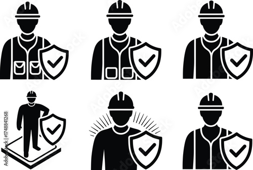 Construction Worker Safety Icons with Shield and Checkmark