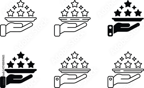 Hand Holding Tray of Stars Icons: Outline and Solid Fill