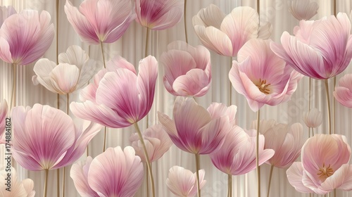 Gentle pink and cream-colored tulip blossoms against a backdrop of vertical, pale wood