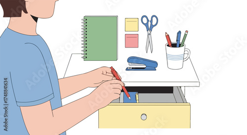 Person organizing desk supplies and stationery into a drawer, enhancing efficiency and workflow for creative tasks and workspace productivity