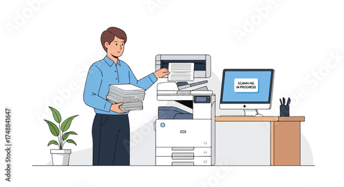 A Focused Young Professional Scanning Documents in a Clean Modern Office Environment Showing Efficiency and Attention to Detail Depicted in a Flat