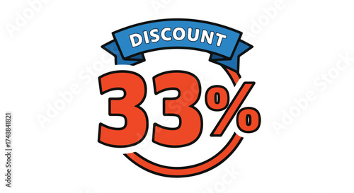 Attractive thirty-three percent discount sticker, showcasing a promotional offer for savings and competitive prices, in vibrant colors
