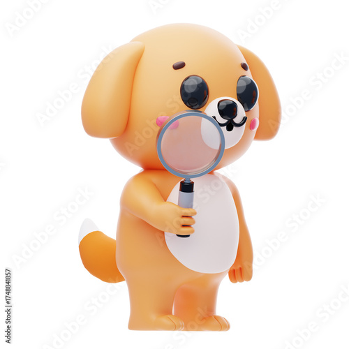 Dog Character Using A Magnifying Glass 3D Illustration.