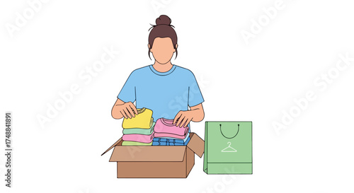 Woman packs clothes into a cardboard box with a shopping bag for resale or donation to charity for reuse clothing initiative concept