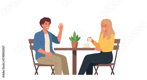 Casual cafe meetup: Cartoon illustration of friends enjoying coffee and conversation in a friendly setting