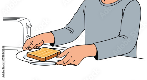 A simple breakfast scene with a person preparing toasted bread with butter in the morning routine in kitchen setting