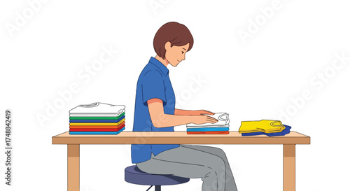 Person folding clothes at a wooden table displaying neatness and household organization demonstrating orderliness and care towards garments