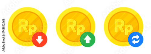 Set of Indonesian Rupiah sign (Rp) gold coins, arrows for increase, decrease, transaction. Finance, currency, fluctuation, IDR exchange concept. Flat vector illustration isolated on a white background