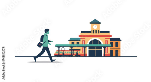 Stylized depiction of a traveler arriving at a charming railway station ready for new adventure on a bright day showcasing the transit system
