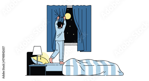 Illustration of contemplative figure peering from bedroom window into the night sky with dreamy aesthetics creating a sense of wonder