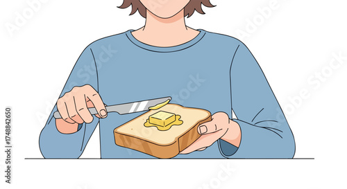 Simple breakfast illustration: Spreading butter on toast with a knife preparing the slice for a tasty morning meal animated food scene in a domestic