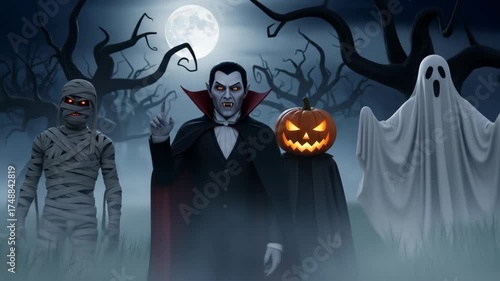 A haunted halloween night featuring a mummy, dracula, a jack-o'-lantern-headed figure, and a ghost standing in a foggy field under a full moon.