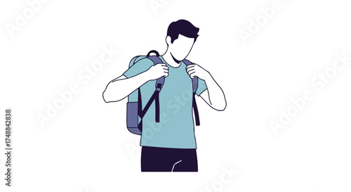 Isolated illustration of a faceless student adjusting his backpack straps getting ready for travel preparation outdoor adventure lifestyle
