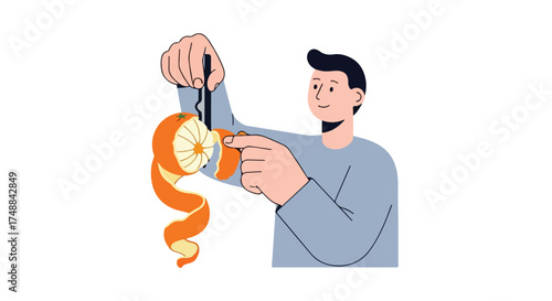 Delighting in Citrus: A Whimsical Illustration of a Man Peeling an Orange with playful expression revealing vibrant fruit pulp with delicate