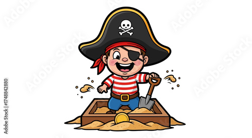 Smiling boy wearing a pirate hat and eyepatch discovers gold while digging in his sandpit