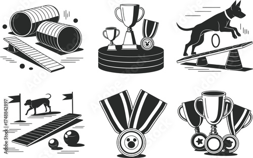 Dog Agility Competition Icons: Trophies, Medals, and Obstacles