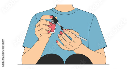 Woman applying nail polish on fingers for an elegant look at home cosmetic beauty routine concept with a light blue shirt and black pants style