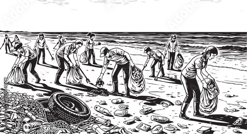 Black and White Line Art of People Cleaning Beach Debris