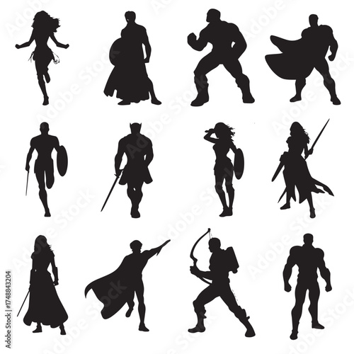 Dynamic hero silhouettes in action poses isolated on white background silhouette style