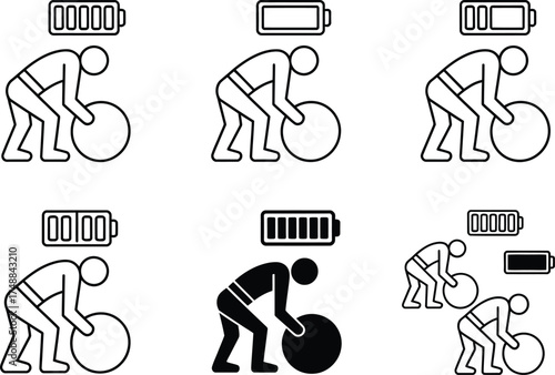 Battery Level Icons: Person Lifting Ball, Varying Charge