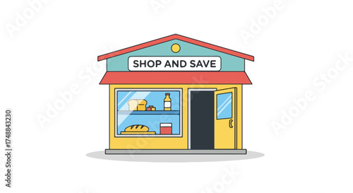 Charming cartoon grocery store offers deals and savings on fresh baked goods and pantry staples for the community and families