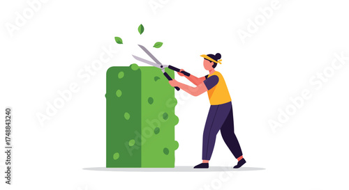 A gardener trims a tall green hedge with large shears, demonstrating landscaping and garden maintenance techniques, while working outdoors in a yard