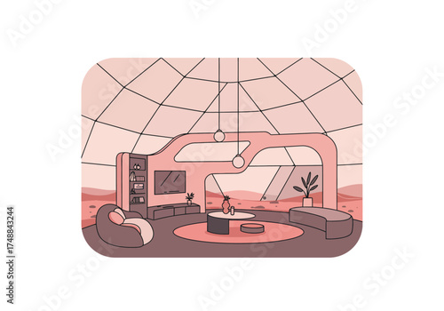 Futuristic Dome Home Interior on Mars with Living Space.
