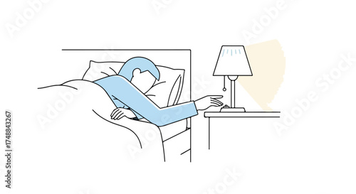 Illustration of a person in bed reaching to turn off a bedside lamp emitting a soft glow creating a relaxing and calm scene