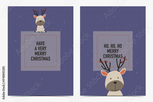 Set of cute Christmas greeting cards, postcards, invitations with an adorable reindeer on dark purple background, vector illustration