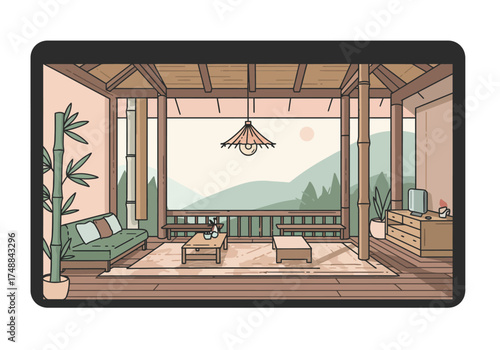 Cozy Living Room with Mountain View Illustration.