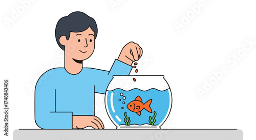 Boy caring for pet goldfish in bowl, cartoon illustration of domestic scene, simple background, cheerful and bright artwork for children and pet