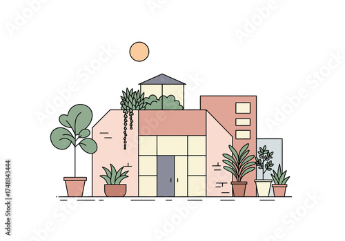Minimalist House Illustration with Plants and Warm Sunlight.