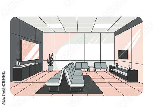 Modern Waiting Area Interior with Seats and Large Windows.