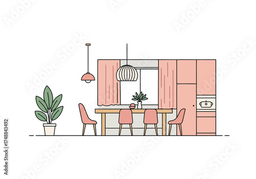 Minimalist Dining Room Illustration with Pink Accents.