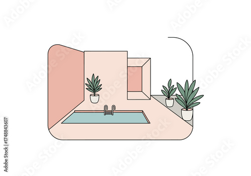 Minimalist Indoor Pool with Plants and Pink Accents.
