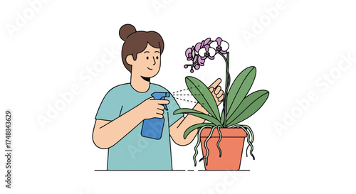 Illustration of a woman tending to her orchid plant by spraying it with water for hydration and care instructions