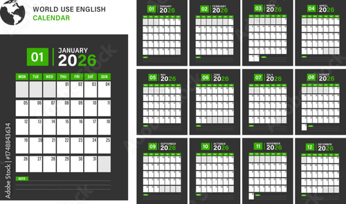 USA, UK calendar for 2026. Week starts on Monday. world calendar, print ready calendar. Print ready file, 12 month include. 