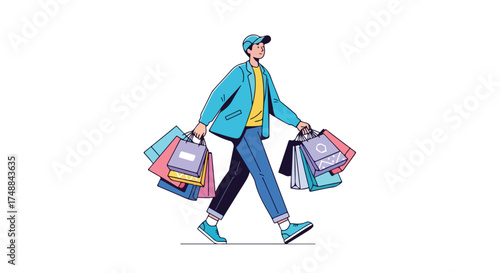 Cartoon illustration depicting a stylish man happily carrying numerous shopping bags after a successful shopping spree