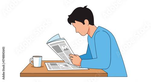 A Man Engrossed in Reading the Newspaper with a Coffee Cup Beside Him During a Relaxing Moment at Home