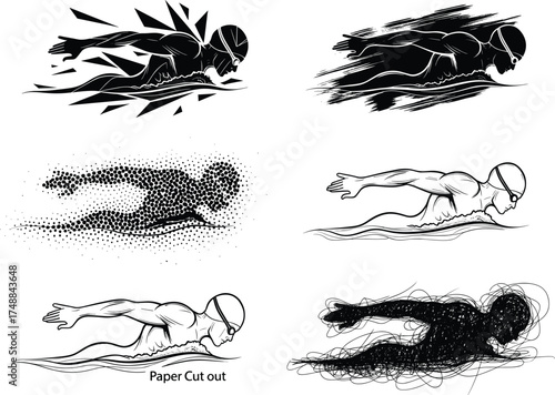 Butterfly stroke swimmer, dynamic motion illustration, abstract water splash, vector sports concept, silhouette drawing set, artistic technique variations, athletic movement, freestyle style