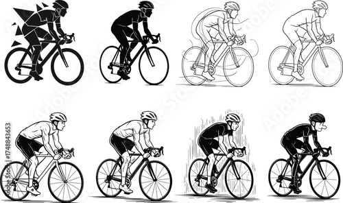 Cyclist silhouette, racing bike illustration, dynamic motion styles, abstract speed concept, vector drawing set, sports activity, helmet gear, artistic technique variations